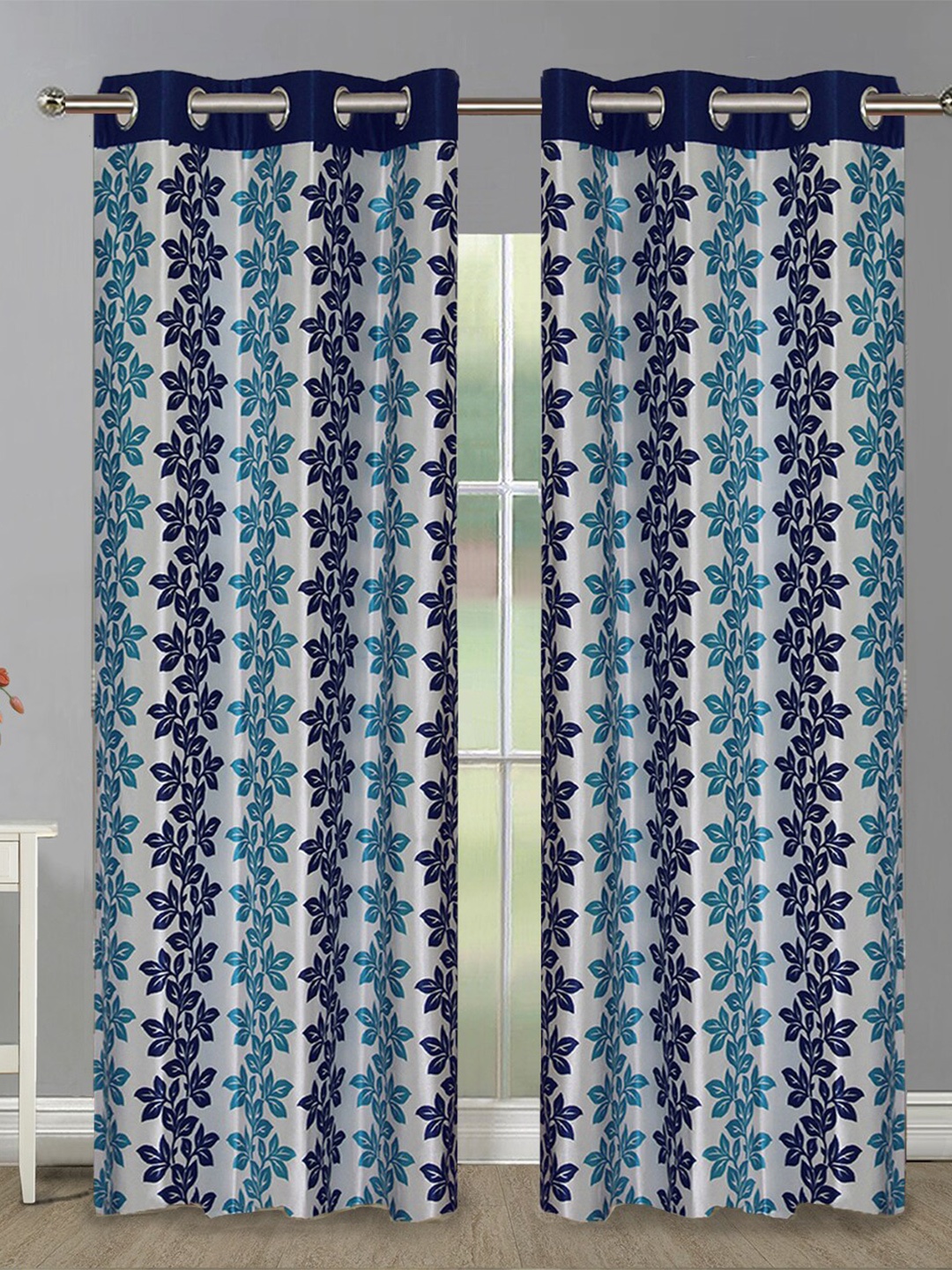 

Aura Blue & White 2 Pieces Floral Printed Room Darkening Door Curtain