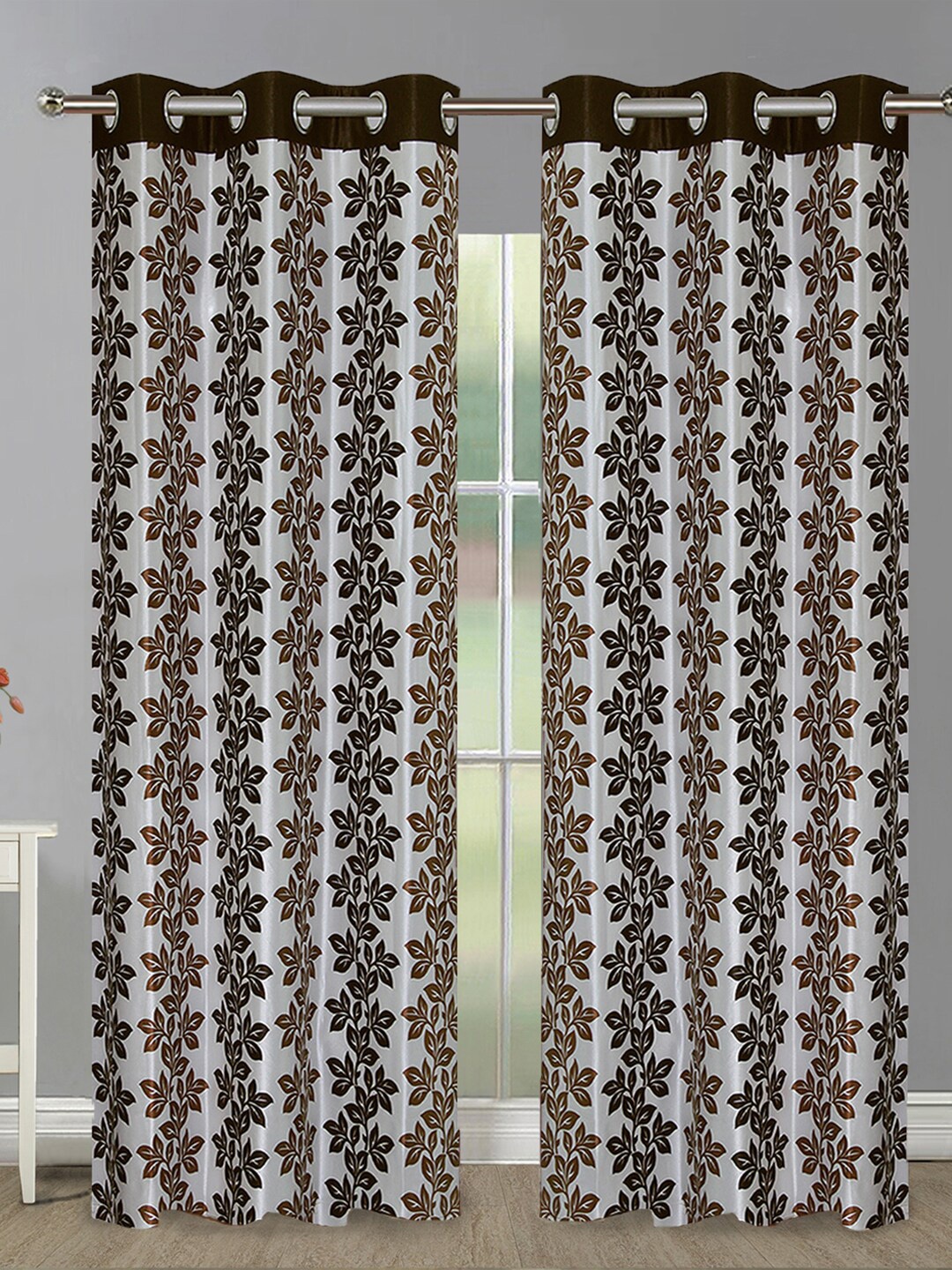 

Aura Brown & White 2Pcs Floral Room Darkening Door Curtain