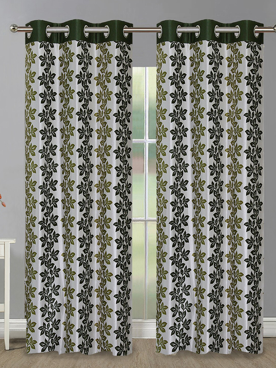 

Aura Green & White 2Pcs Floral Room Darkening Door Curtain