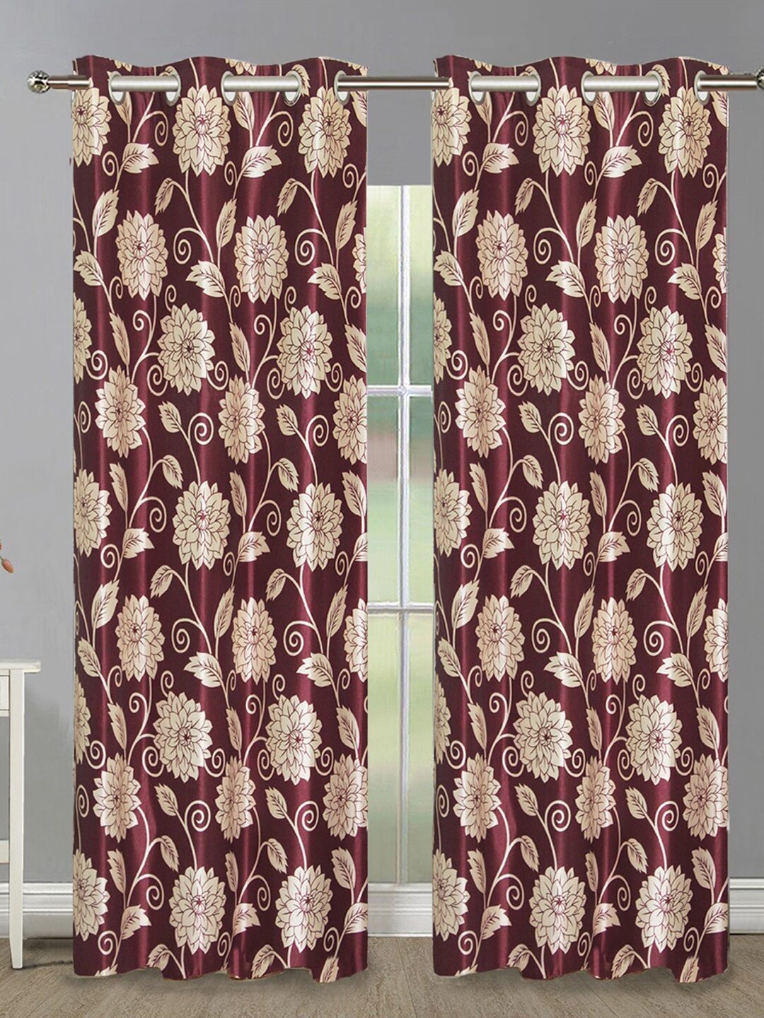 Aura Maroon & White 2 Pieces Floral Room Darkening Door Curtains