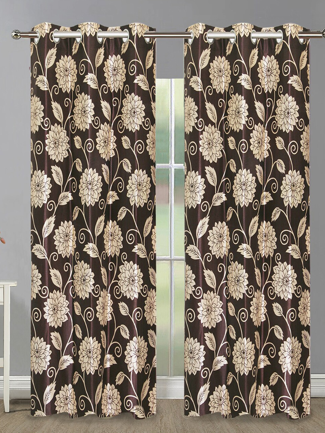 Aura Brown & Beige 2 Pieces Floral Room Darkening Door Curtains