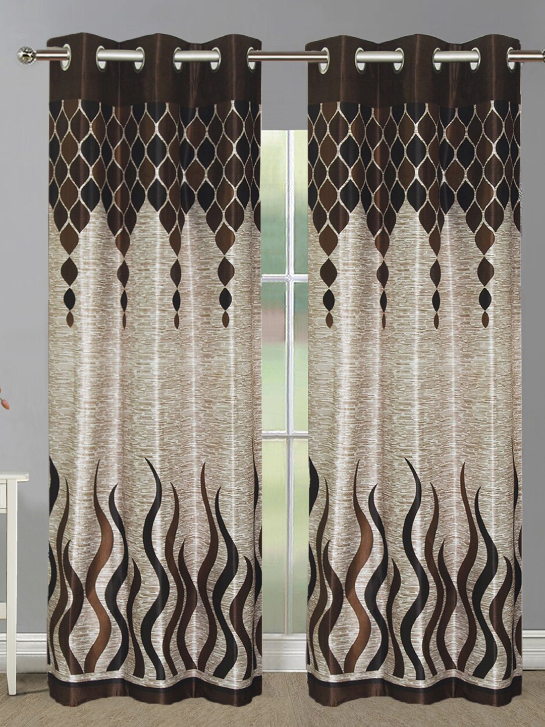 

Aura Brown & White 2 Pieces Geometric Room Darkening Door Curtains