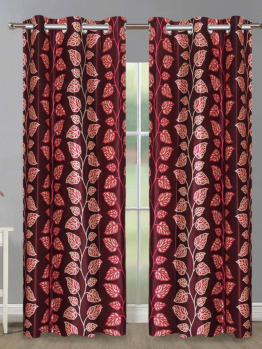 Aura Maroon & Red 2 Pieces Floral Door Curtain