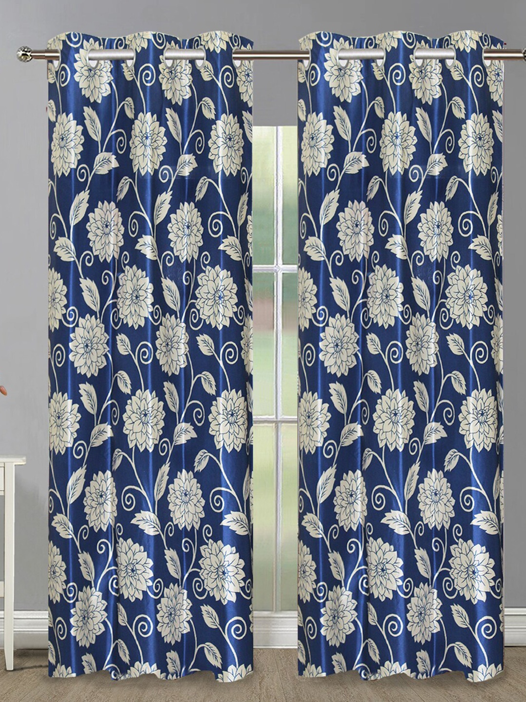 

Aura Blue & White 2 Pieces Floral Printed Room Darkening Door Curtain