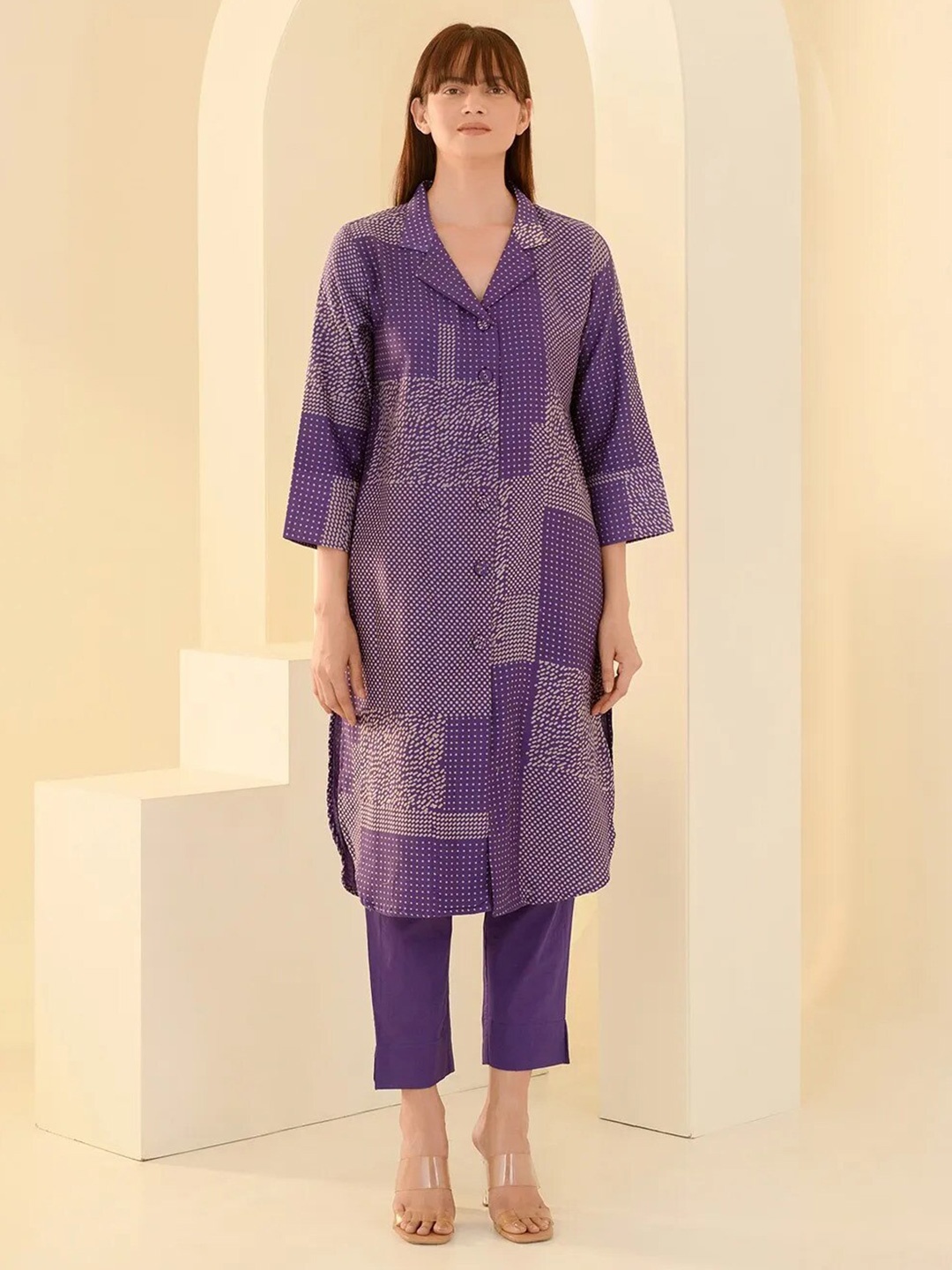 

KALINI Geometric Printed Lapel Collar Longline Shirt & Trousers, Violet