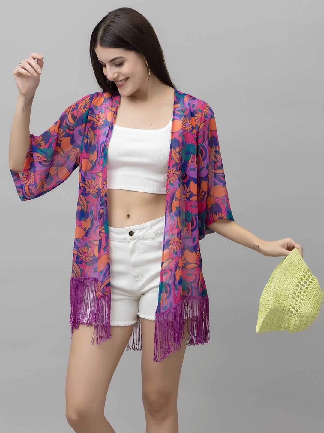 

PURYS Floral Printed Tasselled Open Front Shrug, Pink