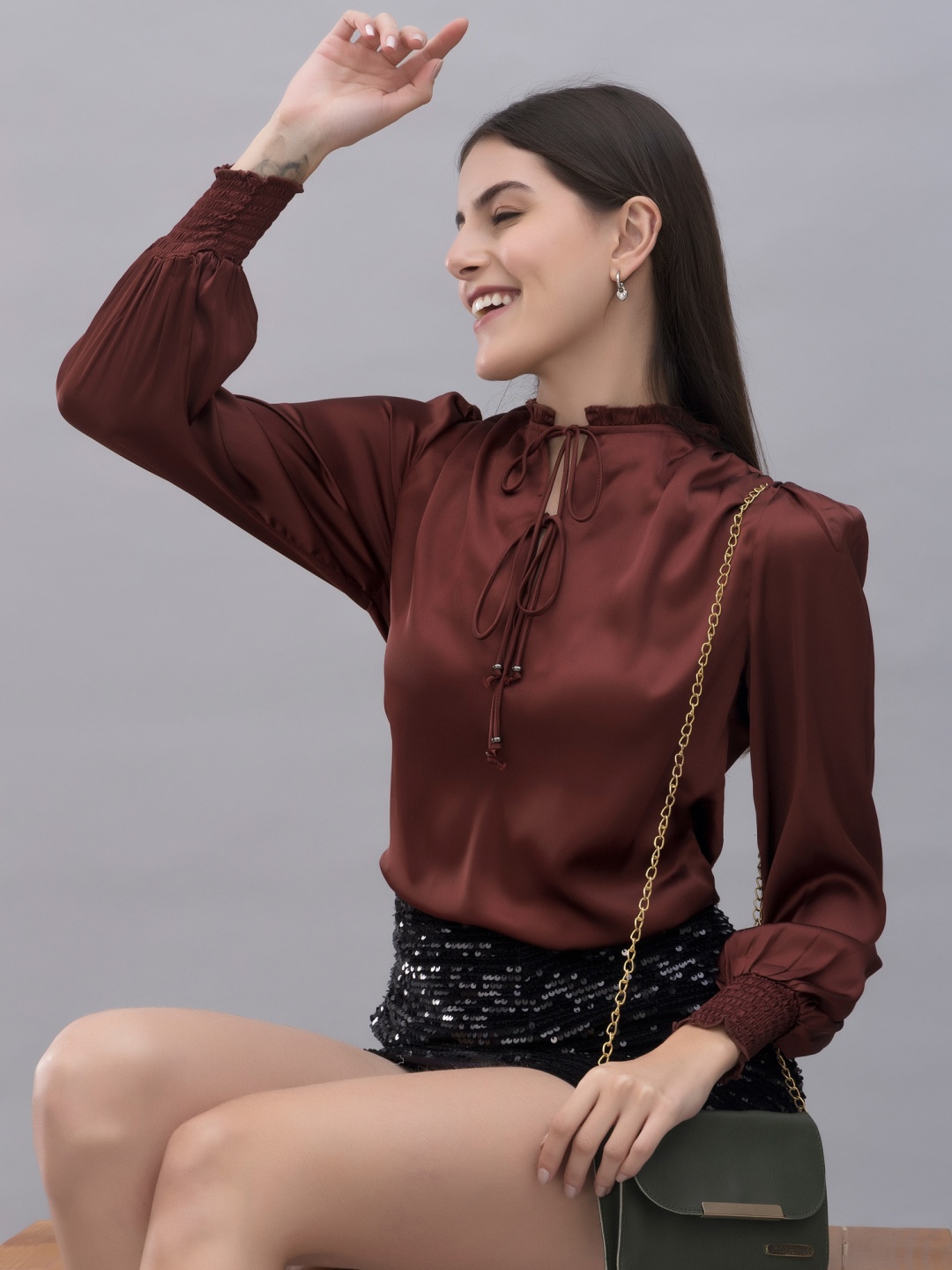 

PURYS Solid Tie-Up Neck Bishop Sleeves Ruffles Smocked Satin Top, Brown