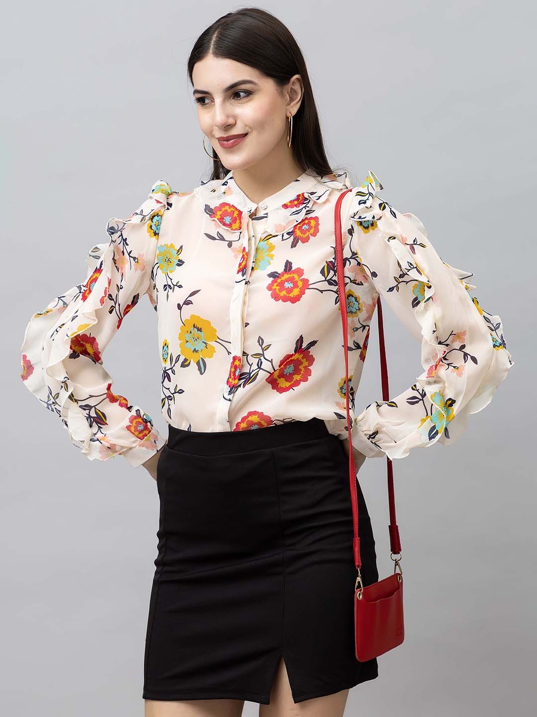 

PURYS Floral Printed Mandarin Collar Ruffles Georgette Shirt Style Top, White