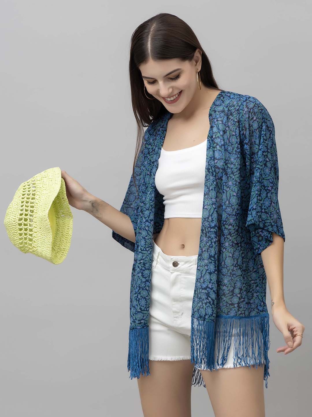 

PURYS Floral Printed Tasselled Open Front Shrug, Blue