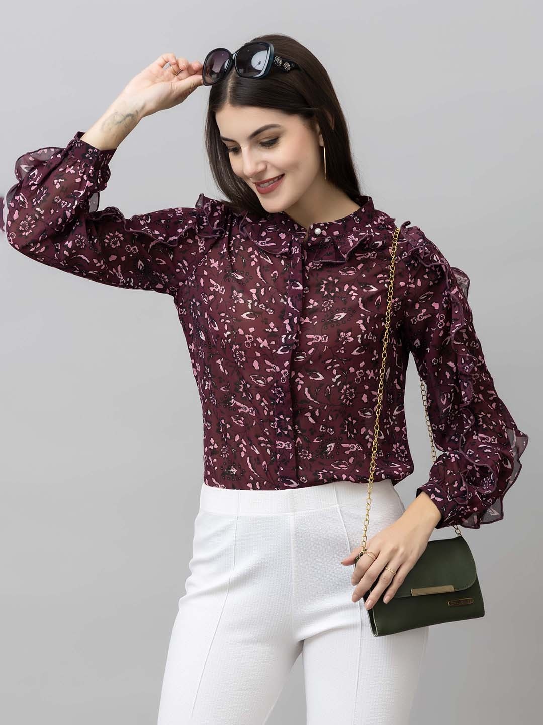 

PURYS Floral Print Ruffles Georgette Shirt Style Top, Maroon
