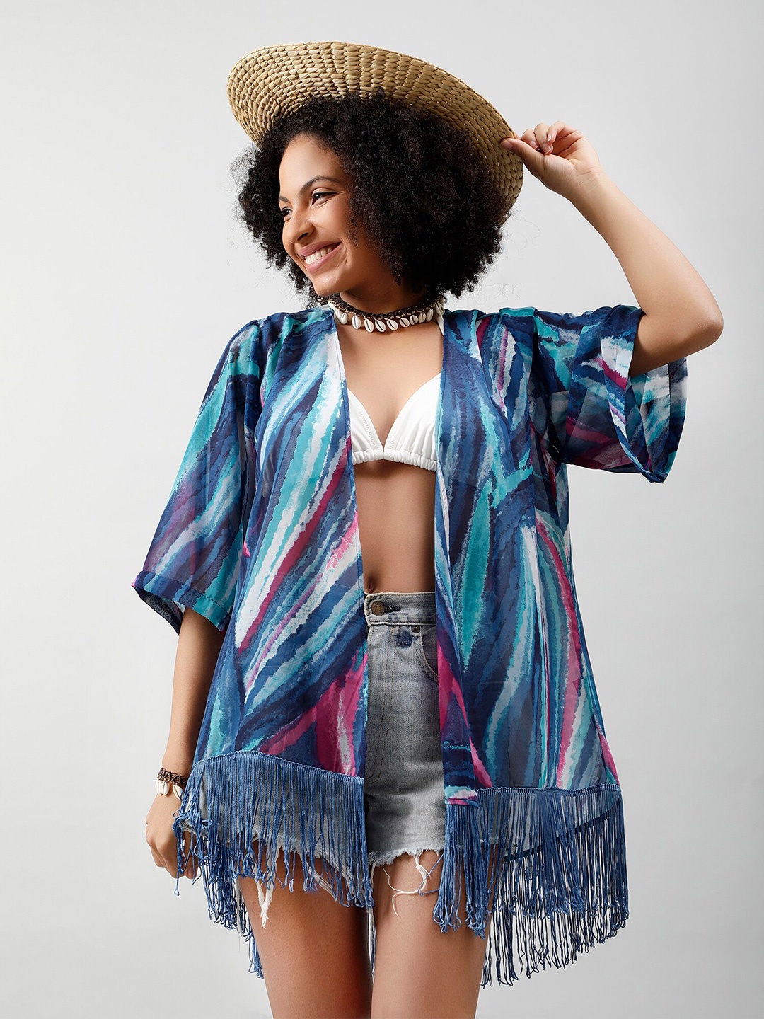 

PURYS Abstract Printed Tasselled Open Front Shrug, Turquoise blue