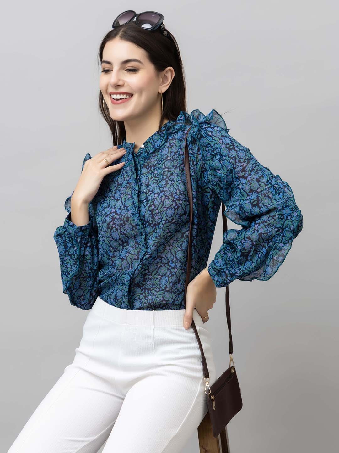 

PURYS Floral Printed Ruffles Georgette Shirt Style Top, Blue