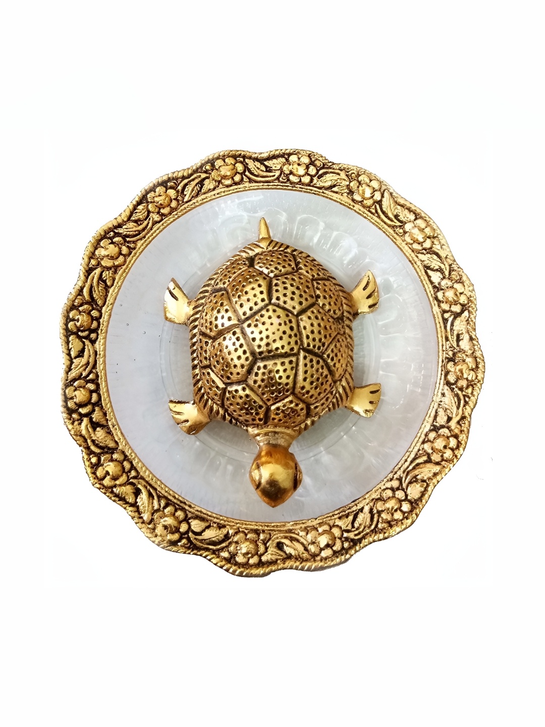 

Navyaksh Gold Toned & White 2 Pieces Textured Turtle Plate Yantra Glass Showpiece