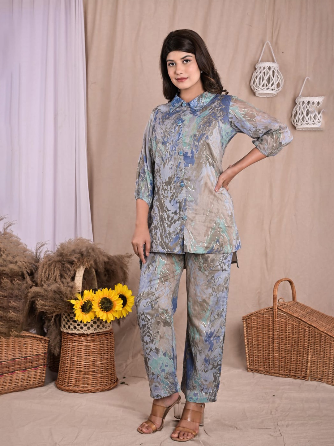 

Advya Printed Shirt Collar Pure Cotton Tunic With Trousers, Blue