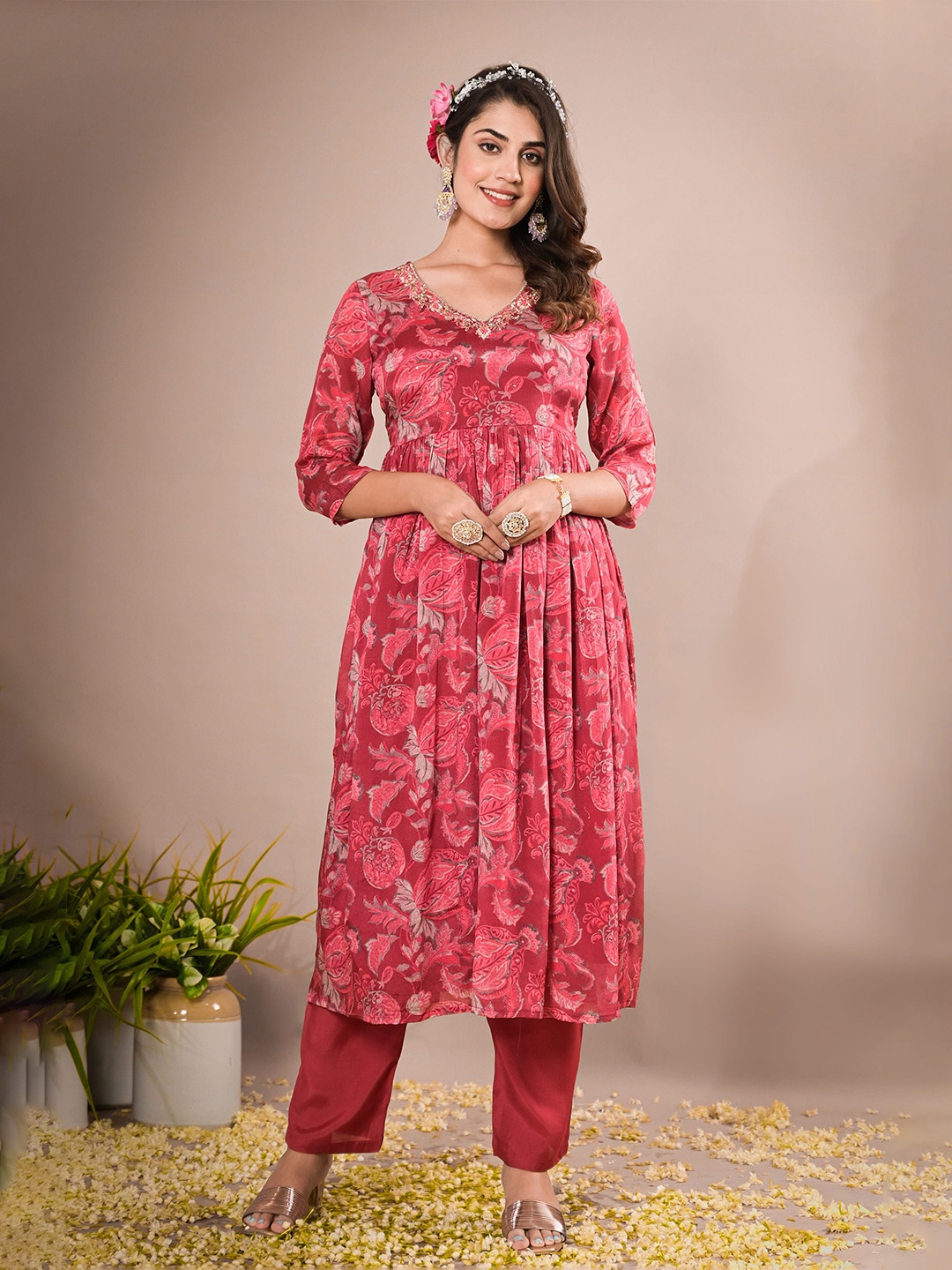 

Advya Floral Printed V-Neck Sequinned Detail A-Line Kurta & Trousers With Dupatta, Red