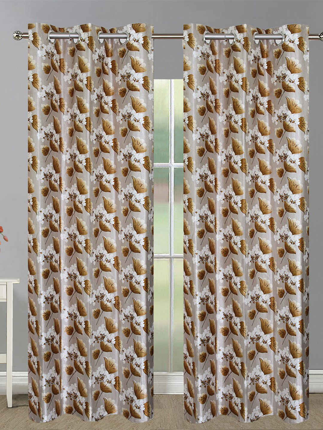 

Aura Brown & White 2 Pieces Floral Printed Room Darkening Eyelet Long Door Curtains