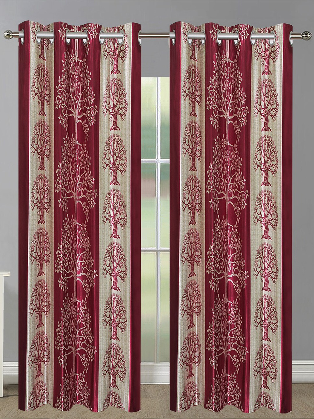 

Aura Maroon 2 Pieces Ethnic Motifs Printed Room Darkening Eyelet Long Door Curtains