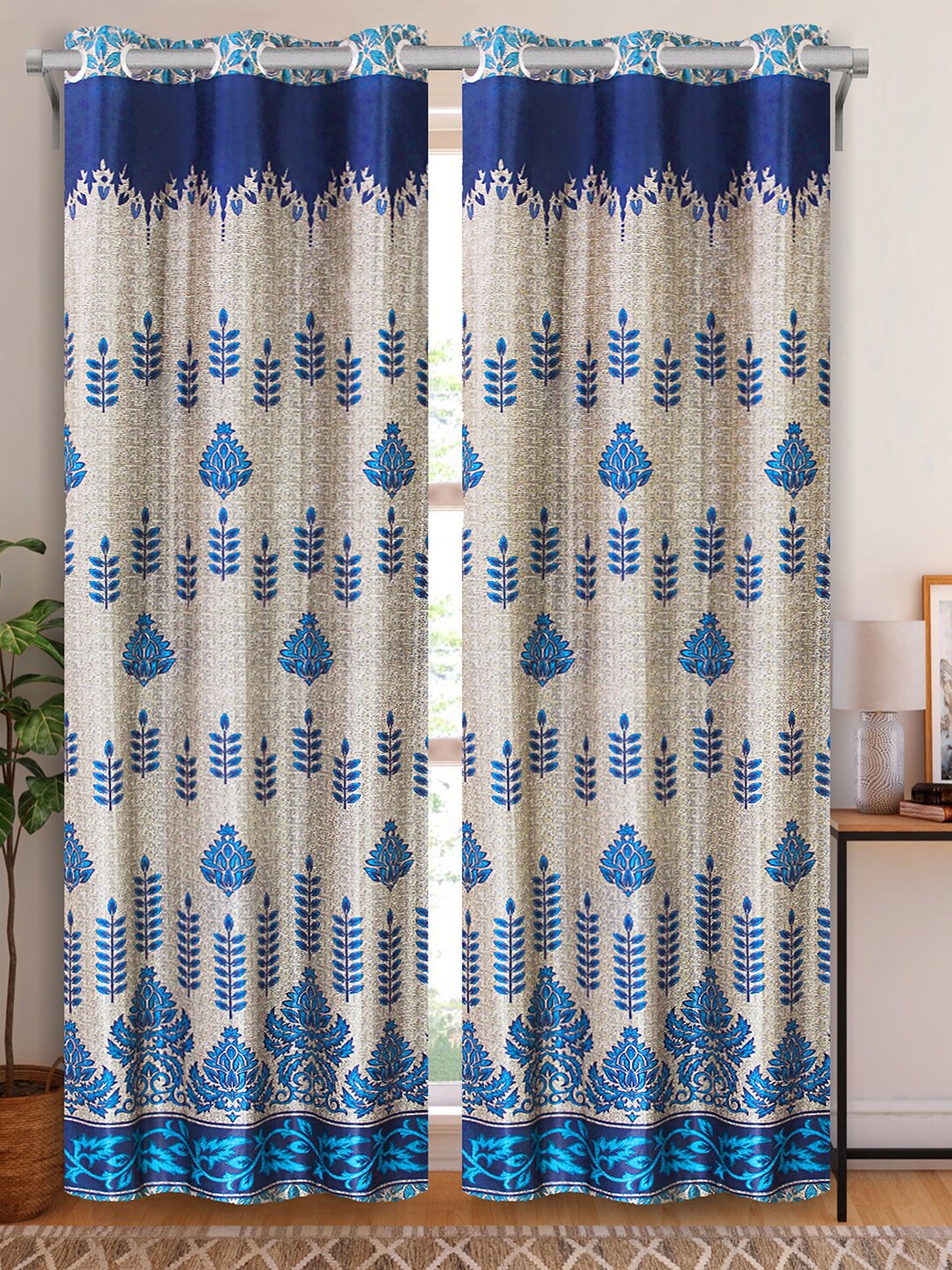 

Aura Blue & Beige 2 Pieces Floral Printed Door Curtain
