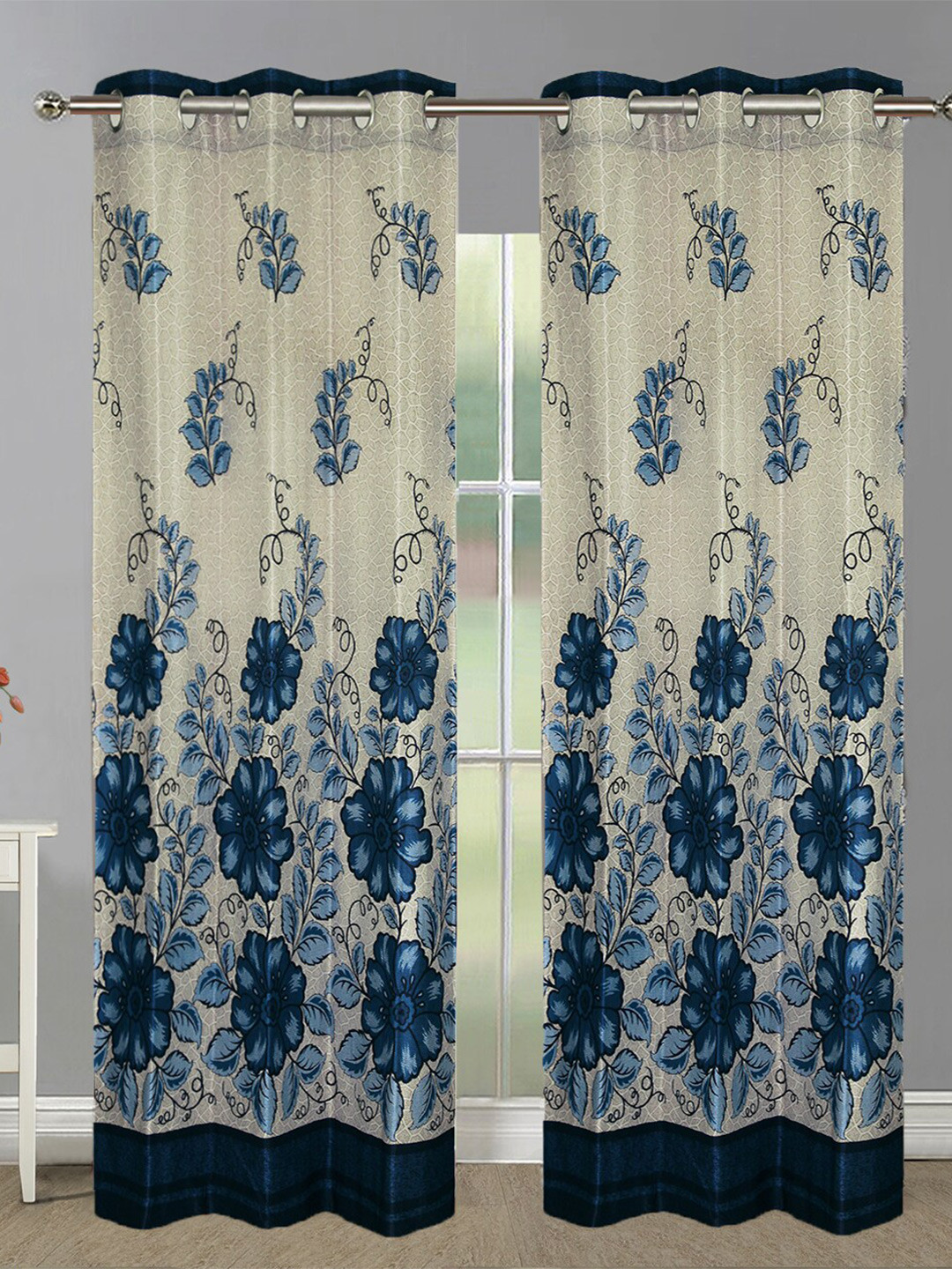 

Aura Blue & White 2 Pieces Floral Printed Room Darkening Door Curtain