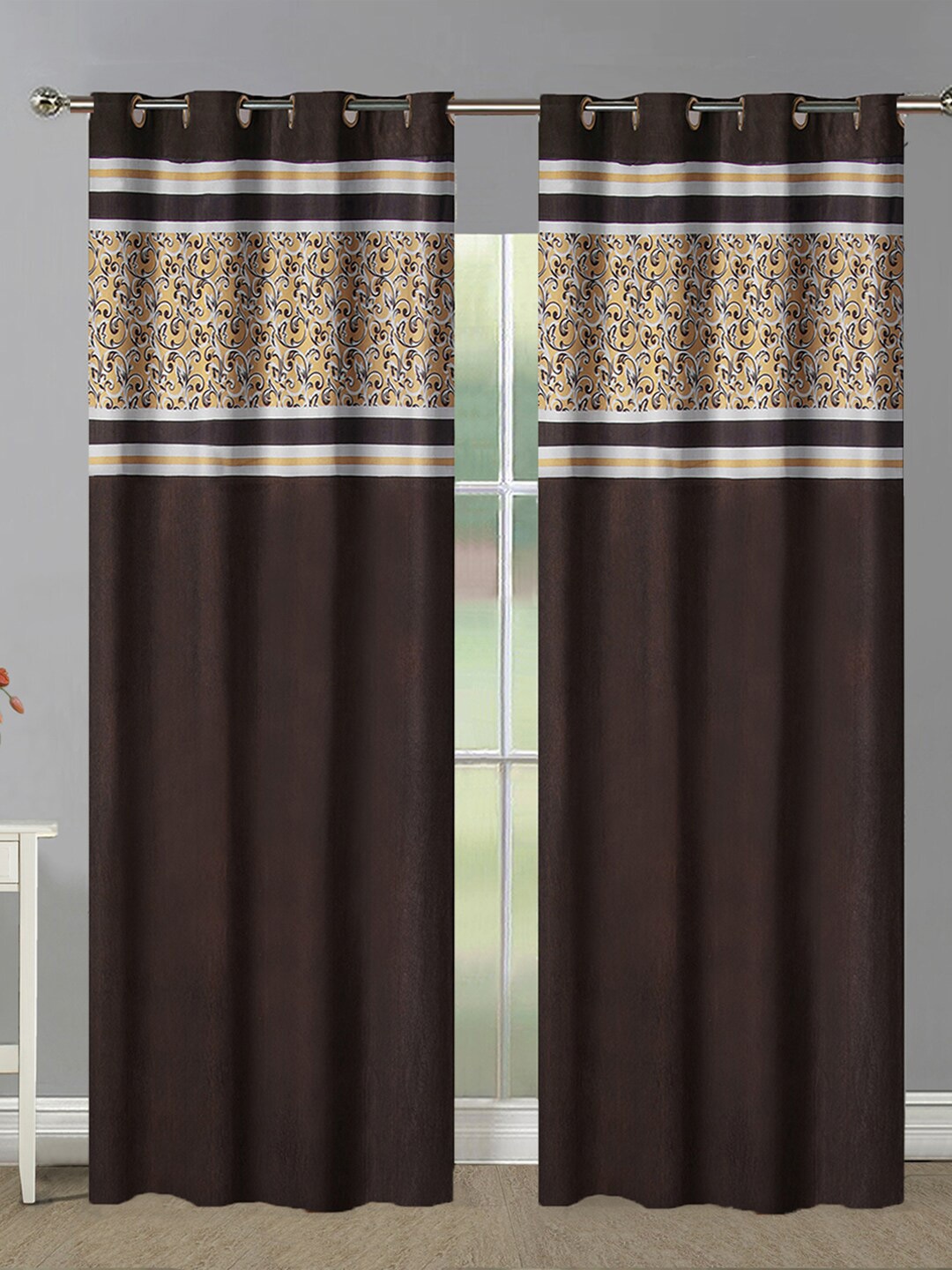 

Aura Brown & Mustard 2 Pieces Floral Printed Room Darkening Eyelet Door Curtains