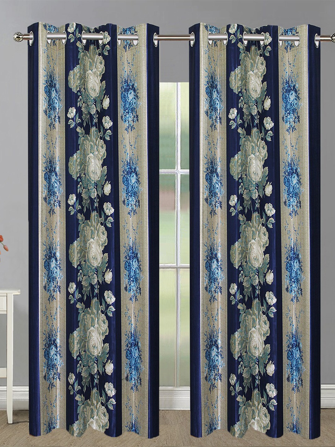 

Aura Navy Blue & White 2 Pieces Floral Printed Room Darkening Door Curtain