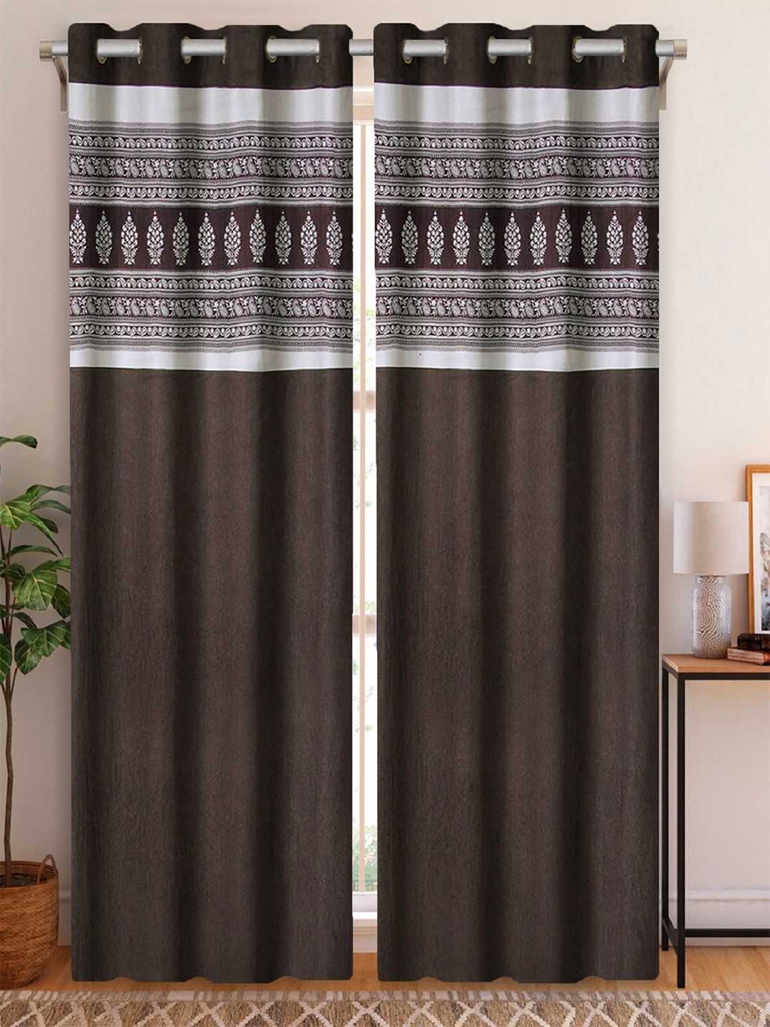 

Aura Brown & White 2Pcs Ethnic Motifs Room Darkening Door Curtain