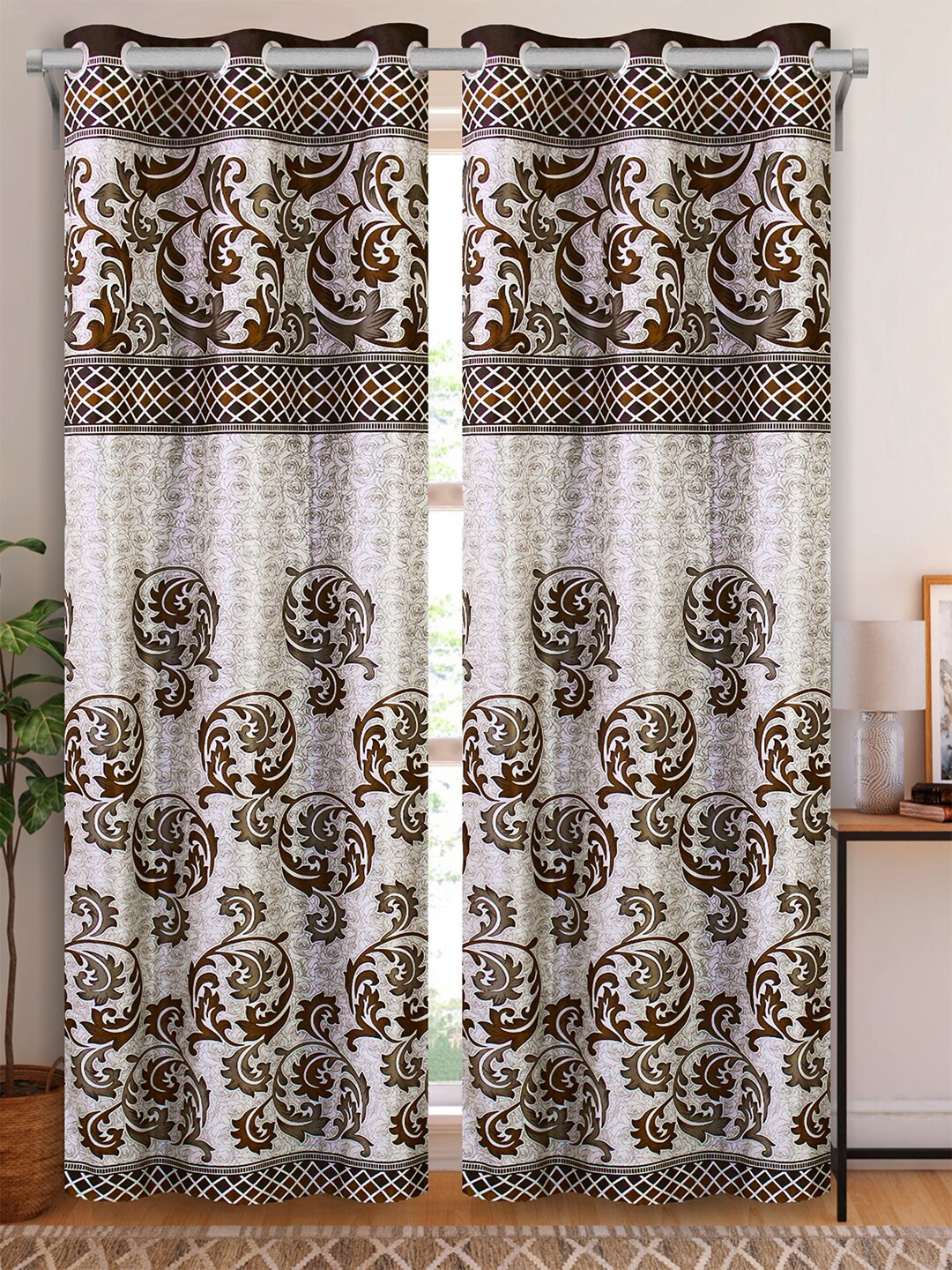 

Aura Brown & White 2 Pieces Floral Printed Room Darkening Eyelet Door Curtains
