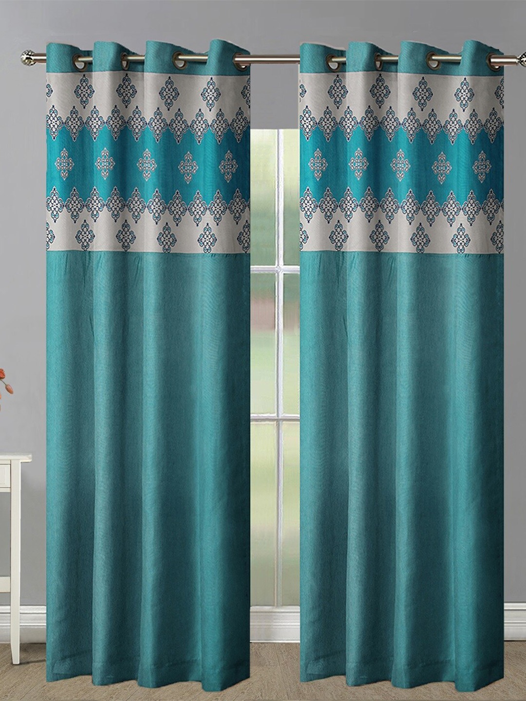 

Aura Blue & White 2 Pieces Ethnic Motif Printed Room Darkening Eyelet Door Curtains