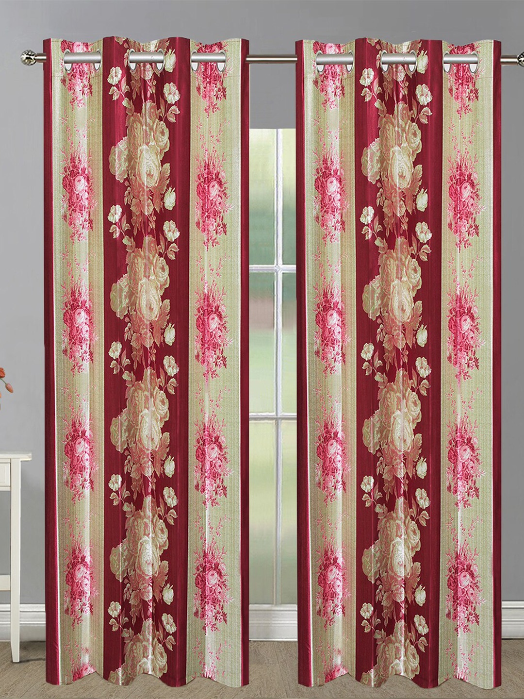 

Aura Maroon & Beige 2 Pieces Floral Printed Room Darkening Eyelet Door Curtains