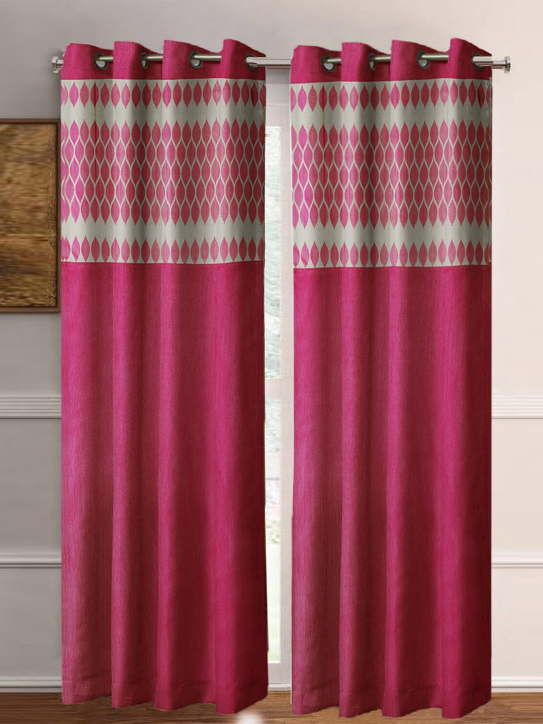 

Aura Pink & White 2 Pieces Geometric Printed Room Darkening Eyelet Door Curtains