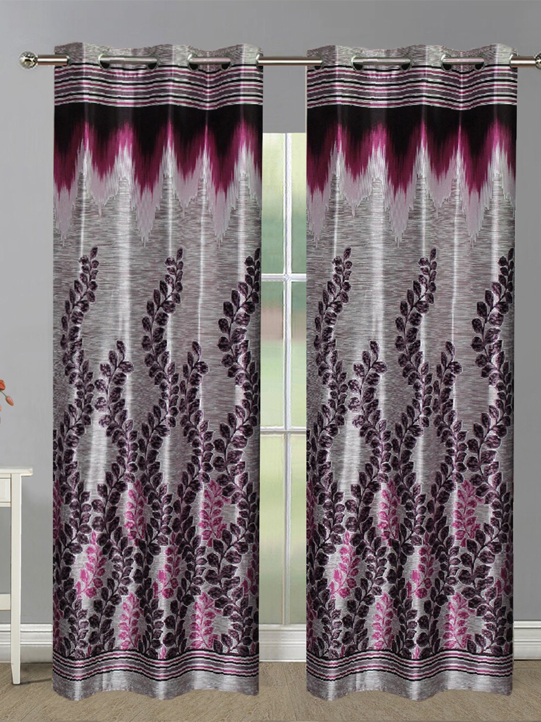 

Aura Grey & Purple 2 Pieces Floral Printed Room Darkening Eyelet Door Curtains