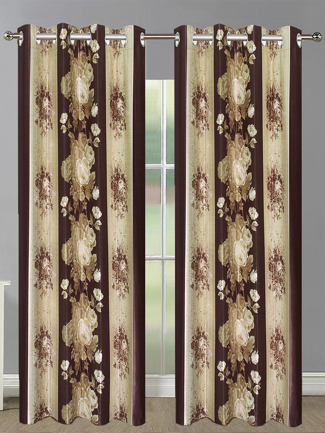 

Aura Brown & White 2 Pieces Floral Room Darkening Door Curtains