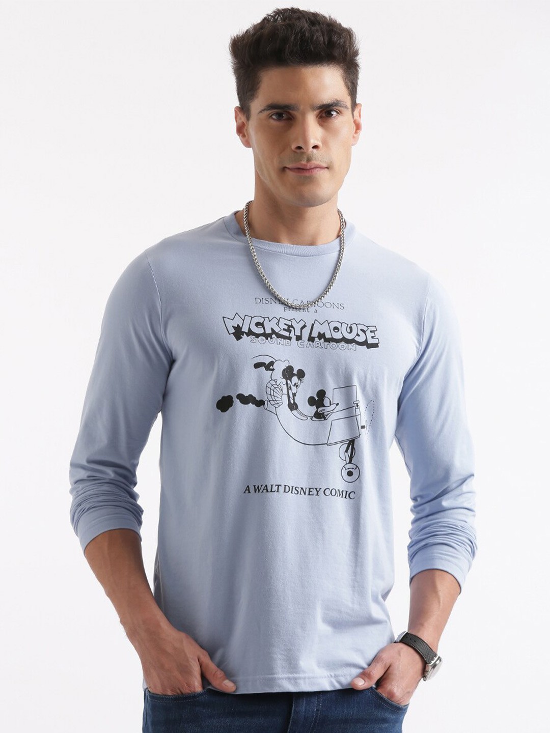 

WROGN Mickey Mouse Printed Cotton Relaxed Fit T-shirt, Blue