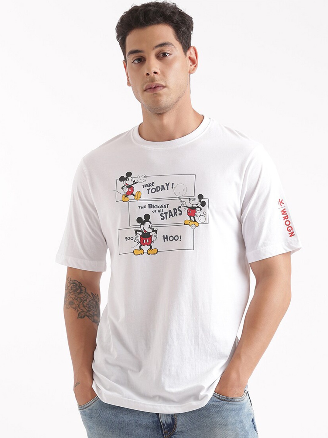 

WROGN Mickey Mouse Graphic Printed Relaxed Fit Cotton T-shirt, White