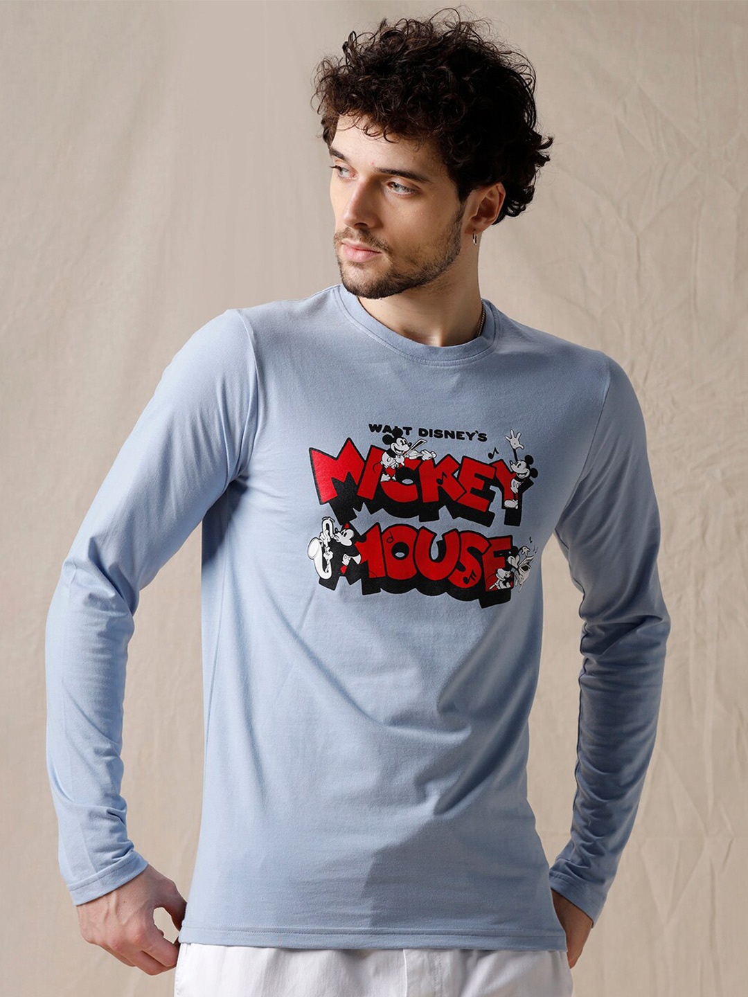 

WROGN Mickey Mouse Typography Printed Relaxed Fit Cotton T-shirt, Blue