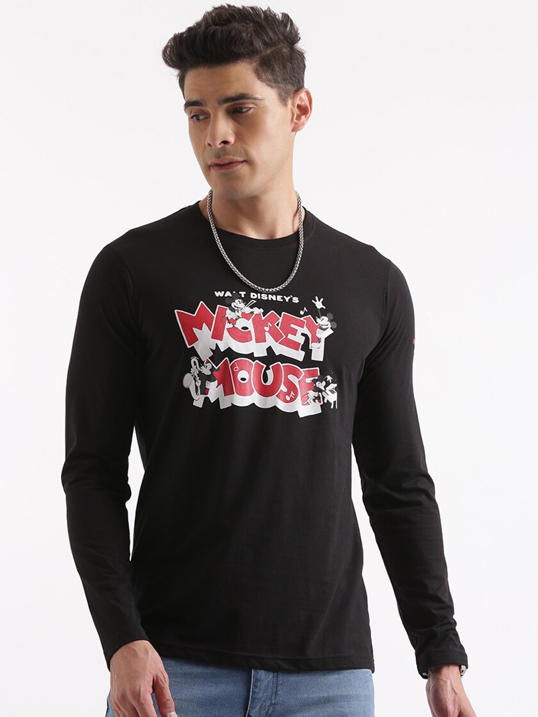 

WROGN Mickey Mouse Printed Cotton Relaxed Fit T-shirt, Black