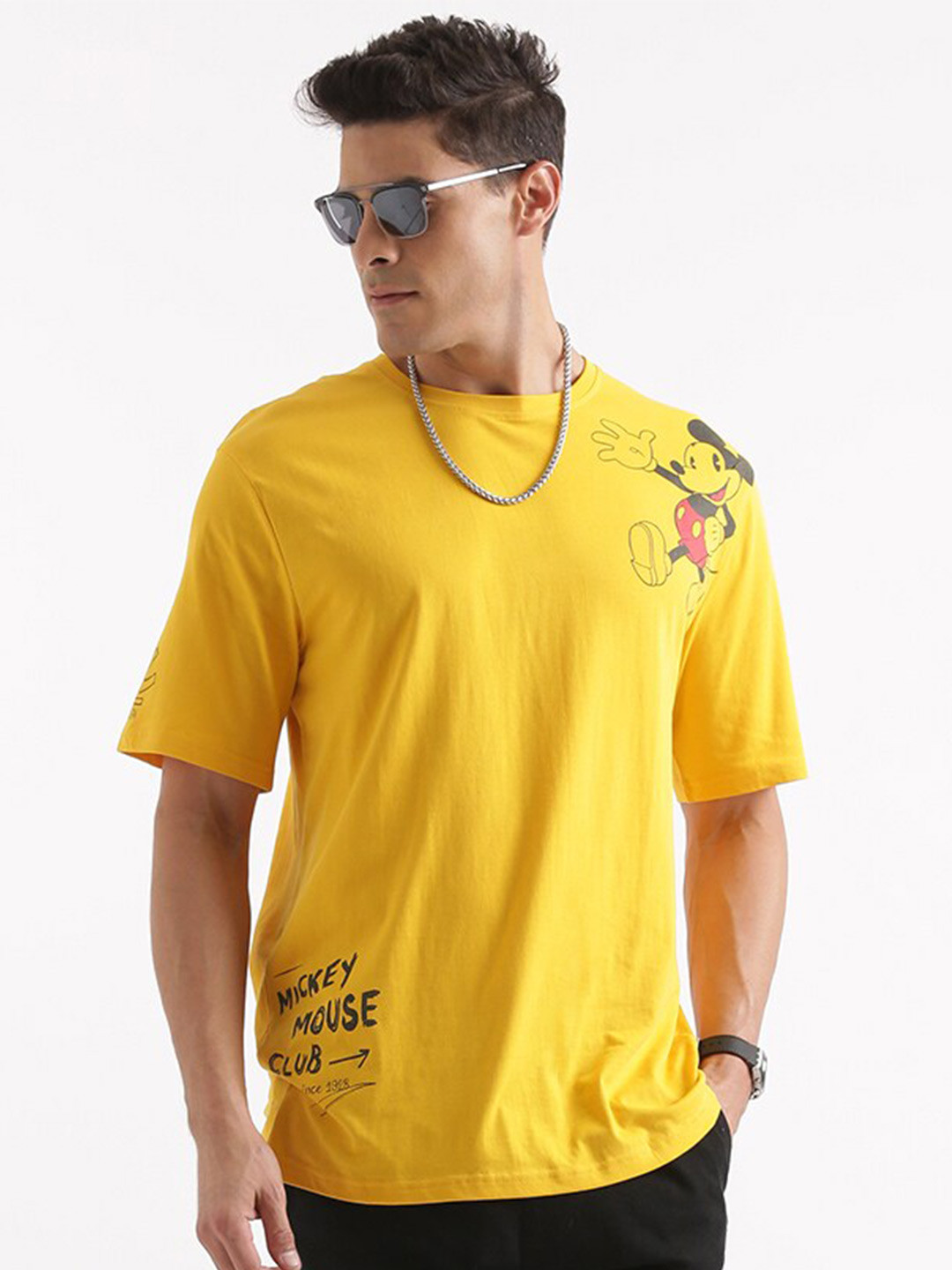 

WROGN Mickey Mouse Printed Cotton Relaxed Fit T-shirt, Yellow