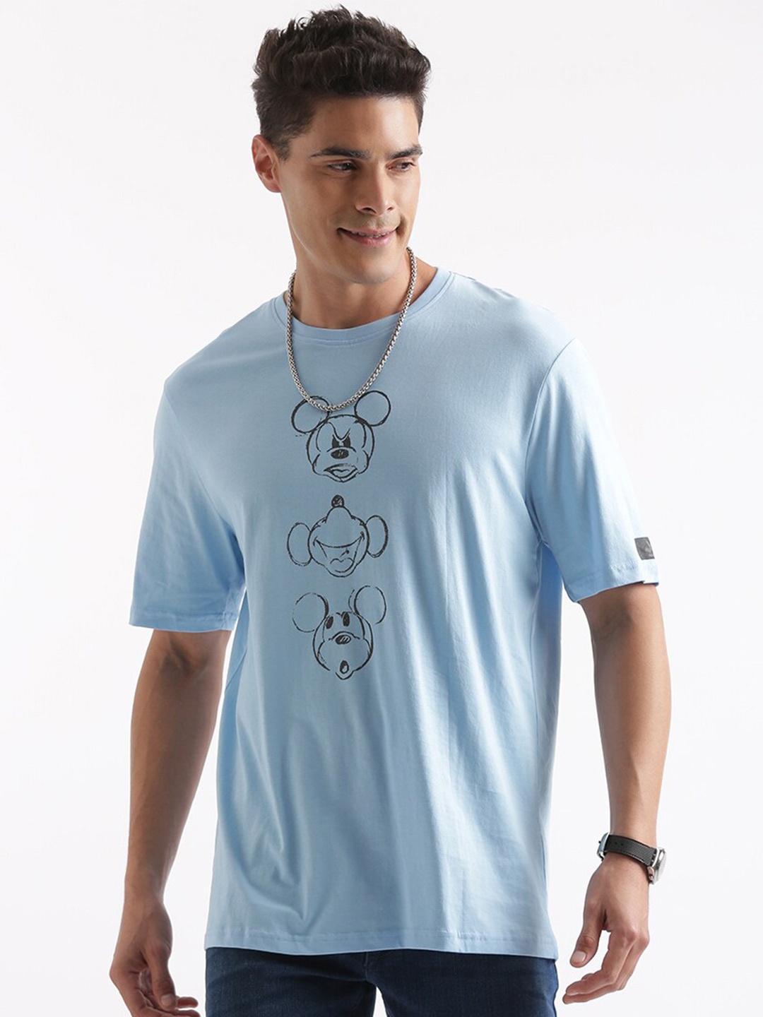 

WROGN Mickey Mouse Printed Cotton Relaxed Fit T-shirt, Blue