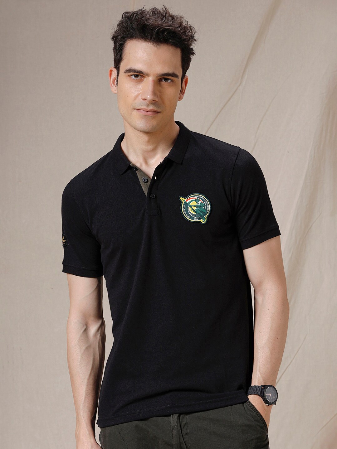 

WROGN Polo Collar Applique Cotton T-shirt, Black