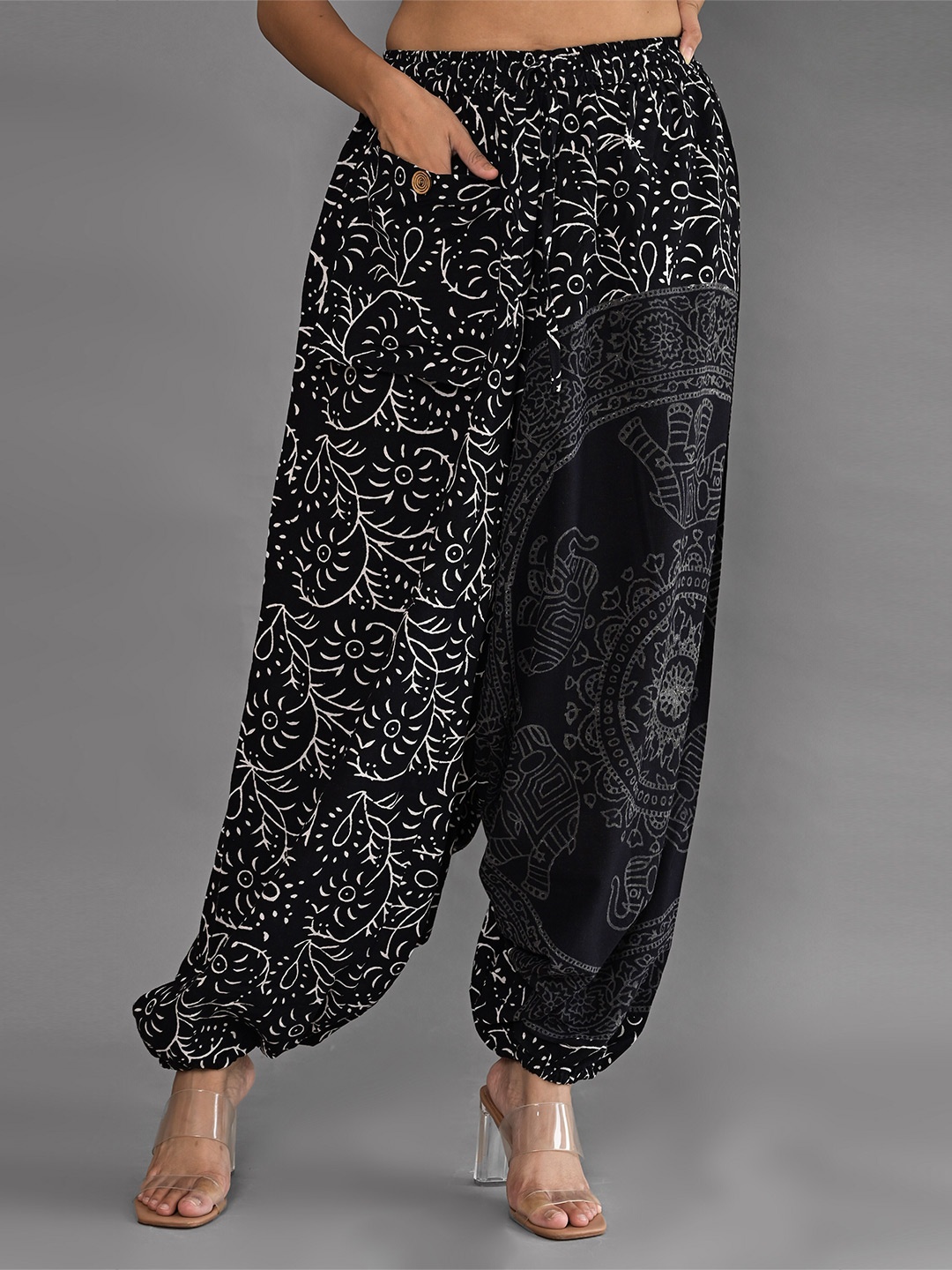 

KALINI Women Floral Printed Pure Cotton Loose Fit Harem Pant, Black