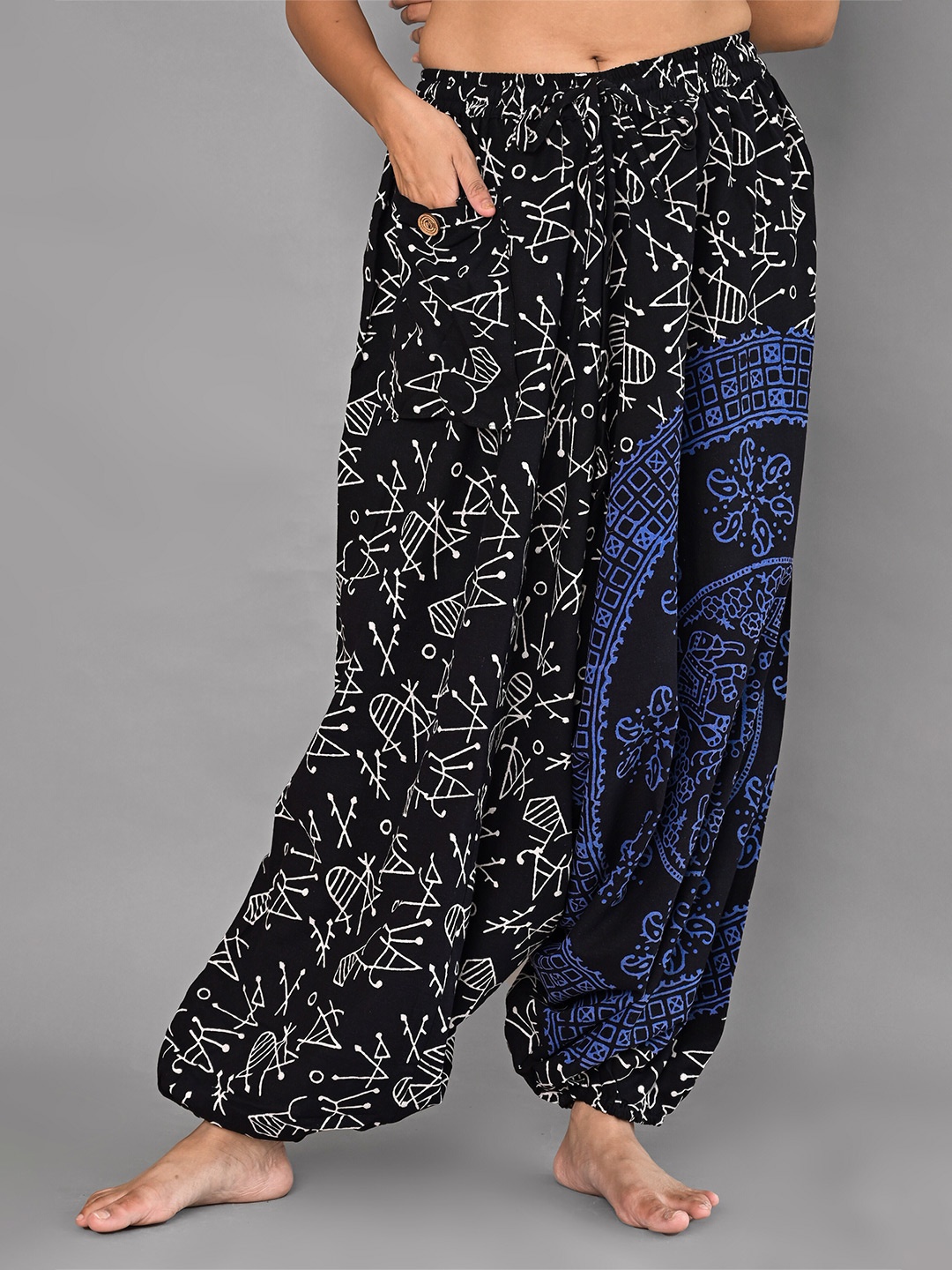 

KALINI Women Geometric Printed Cotton Loose Fit Harem Pants, Black
