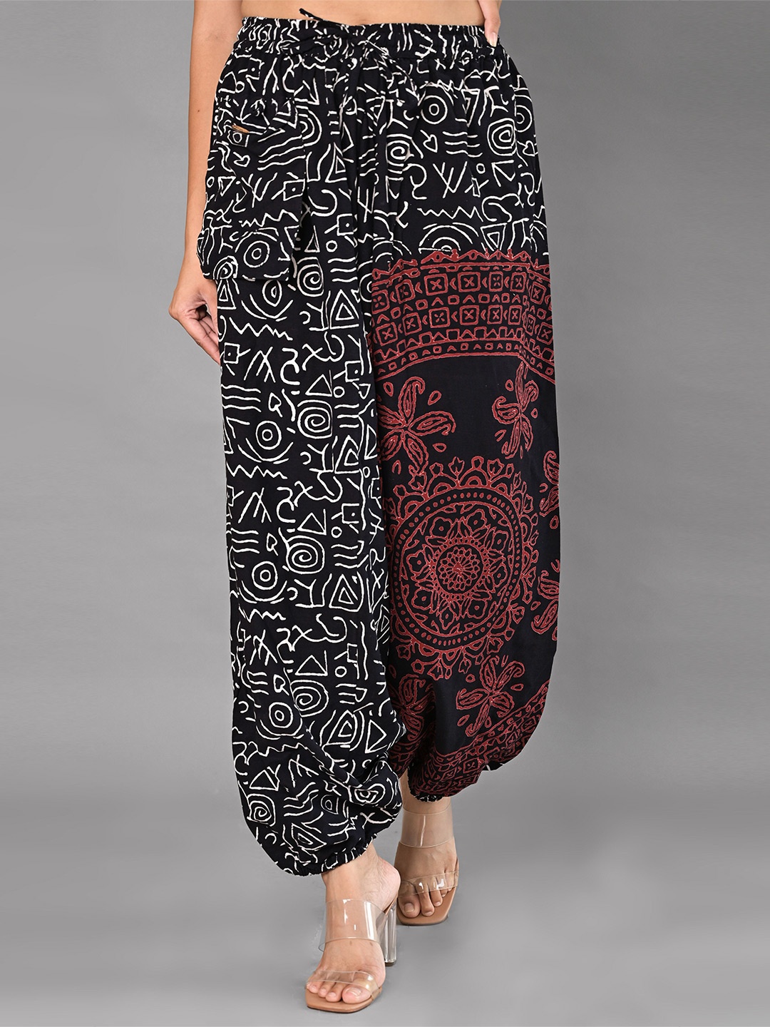 

KALINI Women Geometric Printed Cotton Loose Fit Harem Pants, Black