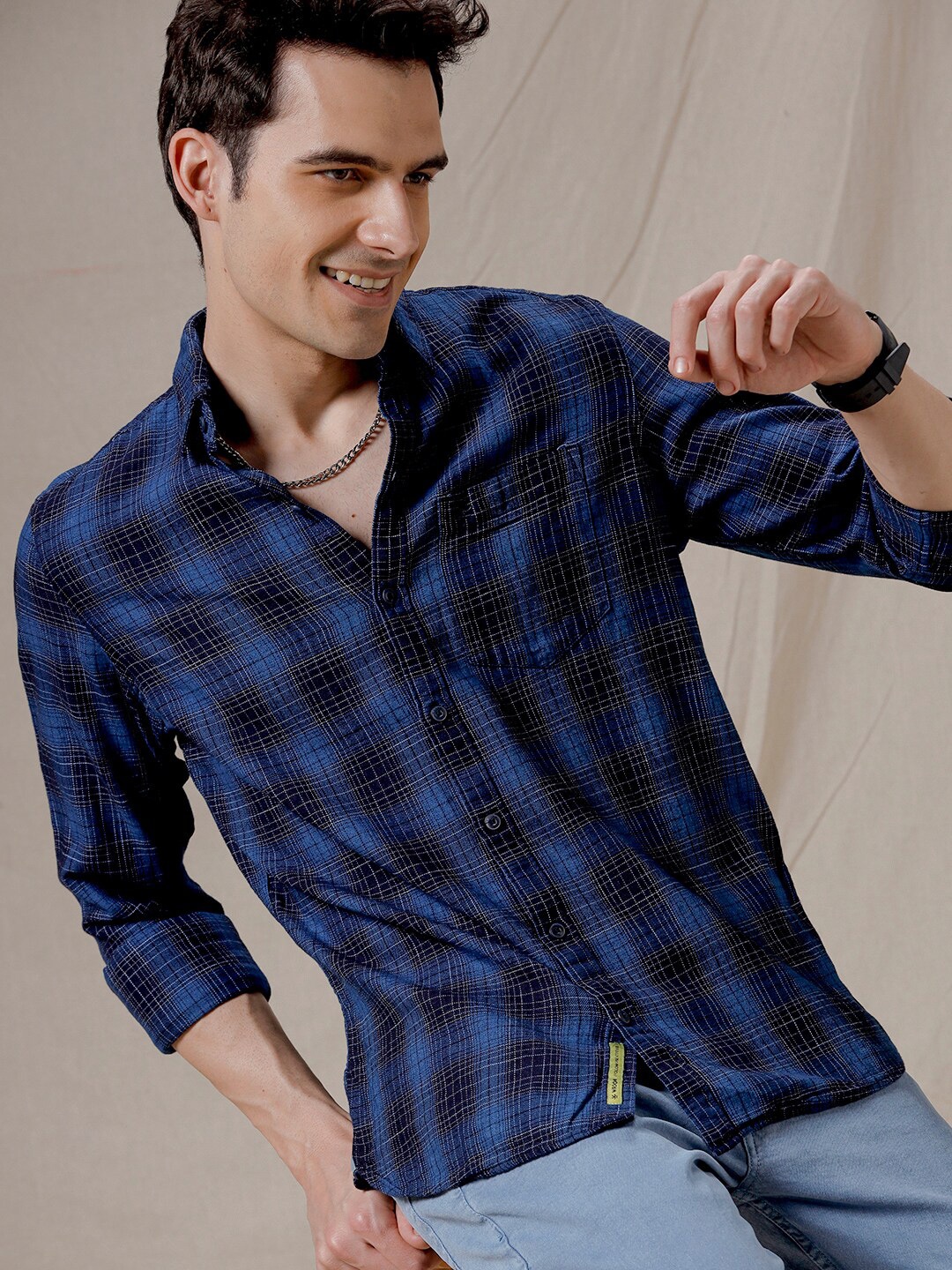 

WROGN Slim Fit Buffalo Checked Spread Collar Cotton Casual Shirt, Navy blue