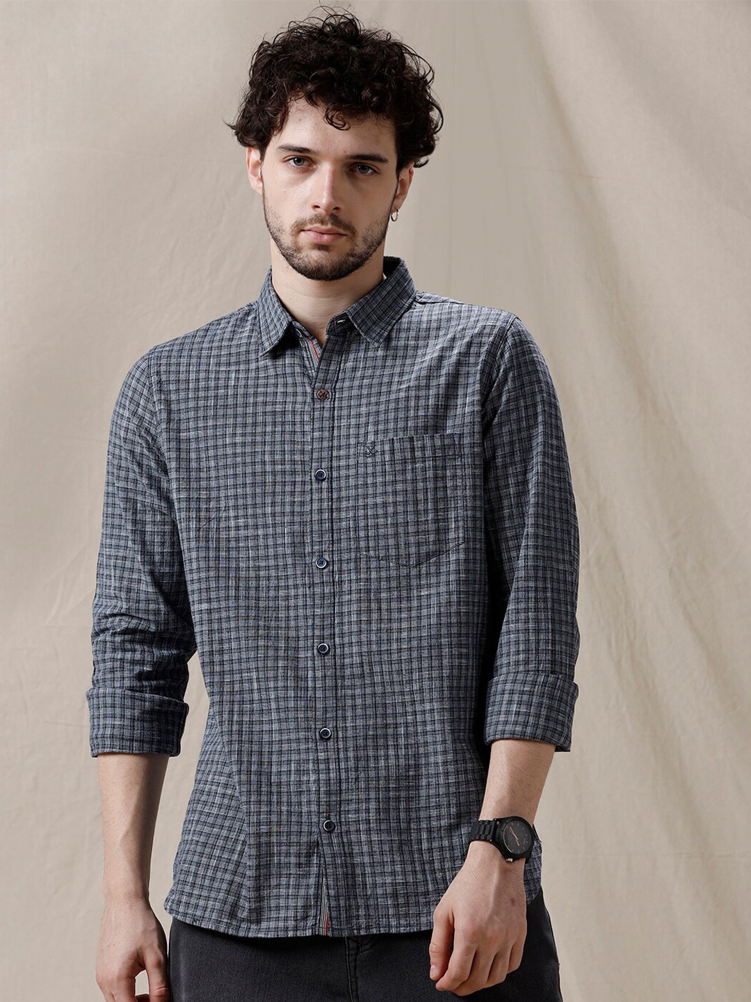 

WROGN Checked Slim Fit Cotton Shirt, Blue