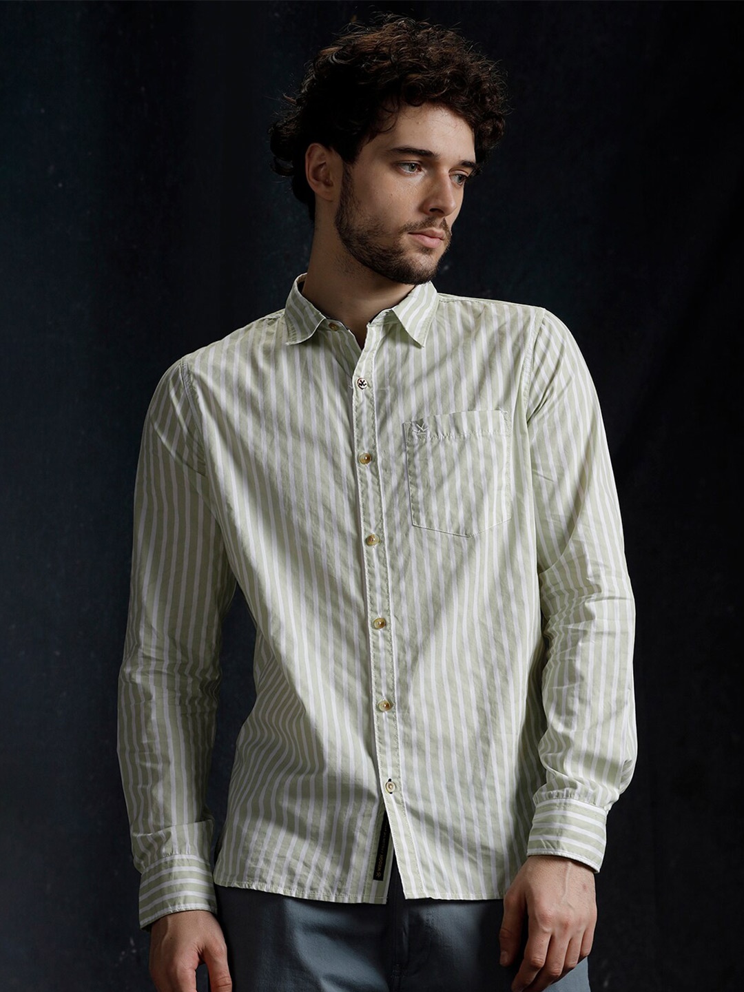 

WROGN Striped Slim Fit Cotton Shirt, Green