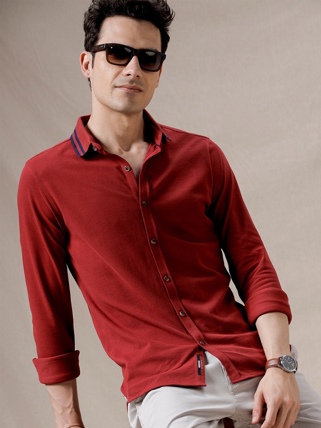 

WROGN Spread Collar Slim Fit Cotton Shirt, Red