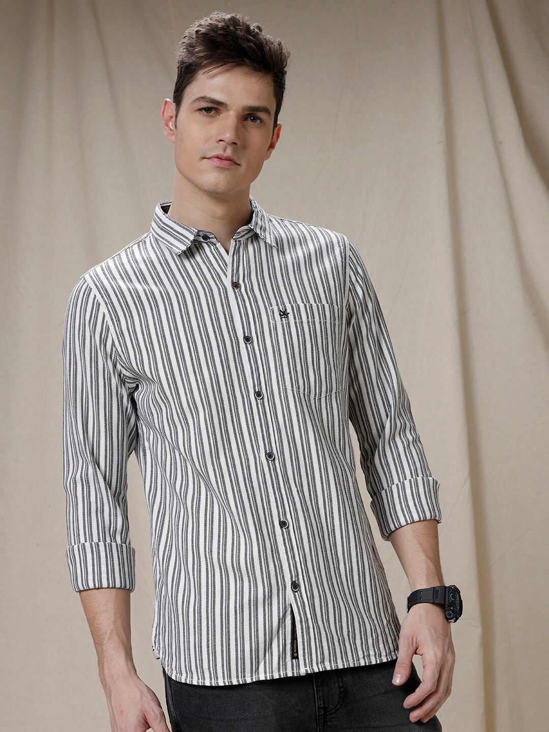 

WROGN Striped Slim Fit Cotton Shirt, Black