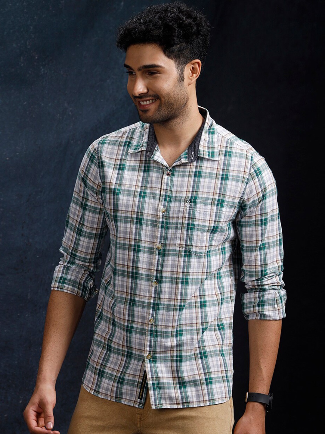 

WROGN Tartan Checked Slim Fit Cotton Shirt, Green