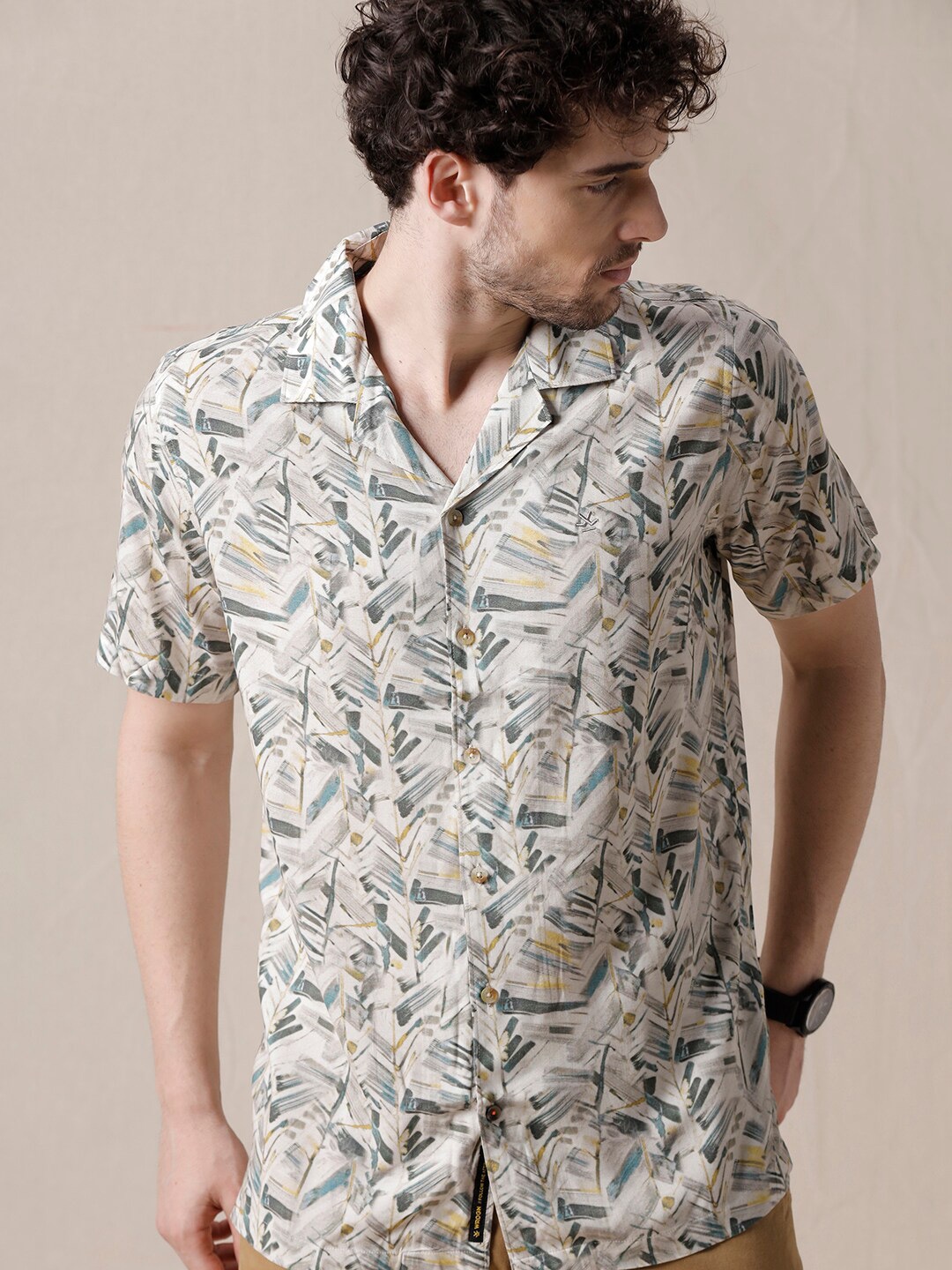 

WROGN Slim Fit Geometric Printed Cotton Shirt, White