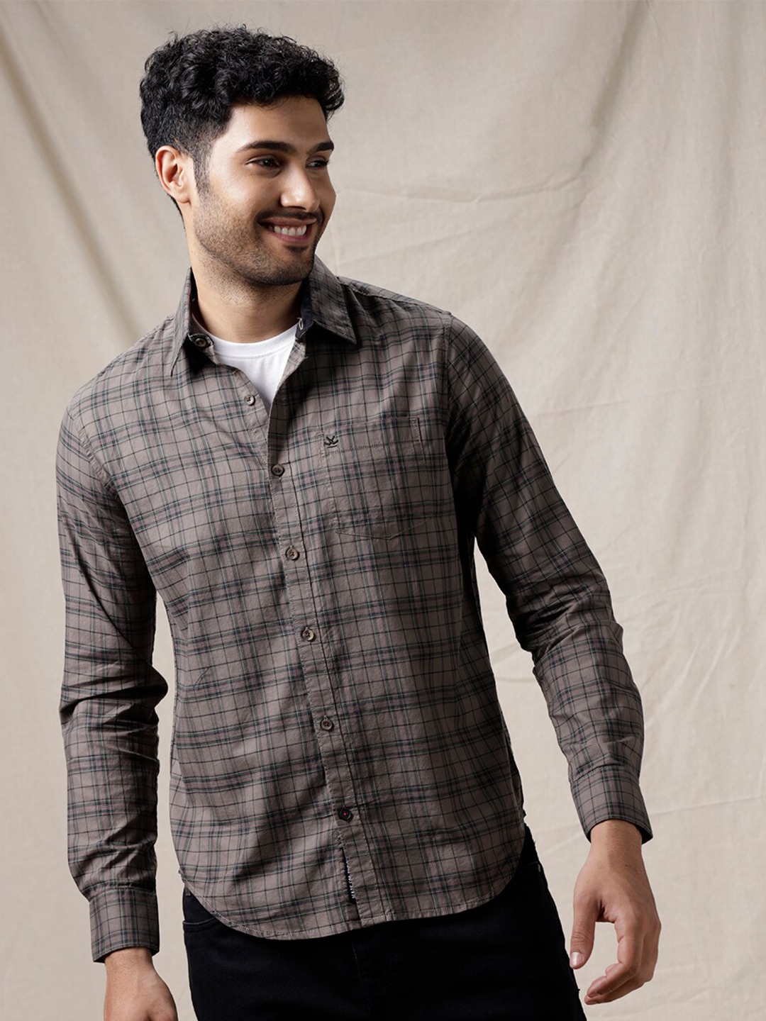 

WROGN Grid Tattersall Checked Slim Fit Cotton Shirt, Grey